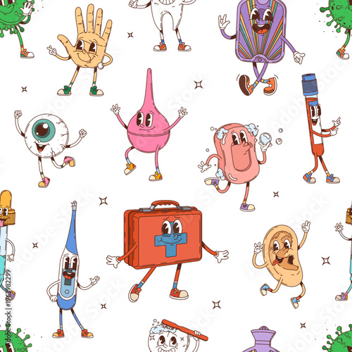 Groovy medicine and human organ seamless pattern with cartoon characters, vector background. Groovy funny medical pattern of thermometer and tooth with silly face, eye or ear and virus or bacteria