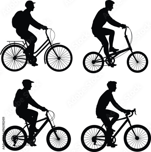 Cyclist silhouettes set featuring different bicycle styles and riders perfect for sports fitness transportation and outdoor activity design