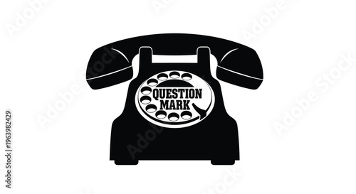A stark black silhouette of a vintage rotary telephone features a central oval displaying a question mark high quality professional detailed