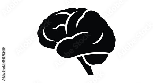 A stylized black silhouette depicts a human brain showcasing its convoluted surface and essential form high quality professional detailed modern elegant