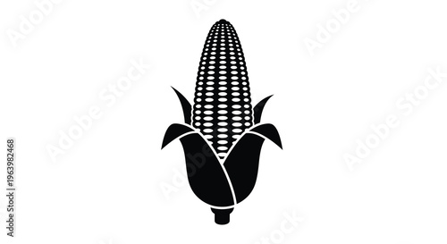 A stylized black and white illustration depicts a single ear of corn with husk leaves extending outwards high quality professional detailed