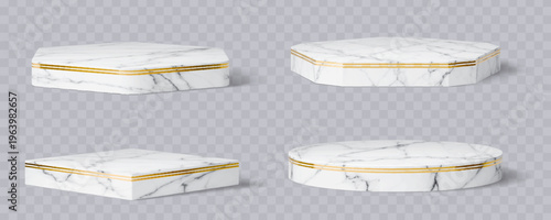 3d marble stone podium stage pedestals with golden frames, luxury cosmetics stand. Realistic 3d vector geometric museum, gallery or exhibit displays for award ceremony or beauty product presentation