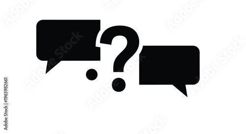 A minimalist black and white illustration depicts two speech bubbles separated by a question mark high quality professional detailed modern elegant