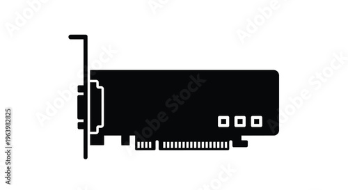 A minimalist black silhouette depicts a computer graphics card showcasing its ports and cooling system high quality professional detailed modern elegant
