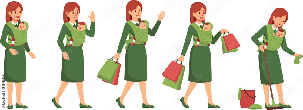 Fototapeta premium Mother Carrying Baby in Ergonomic Sling Wrap While Shopping with Bags and Cleaning House Vector Illustration Set for Parenting and Household Lifestyle Designs