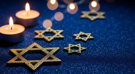 A close-up of a hanukkah celebration with candles and stars