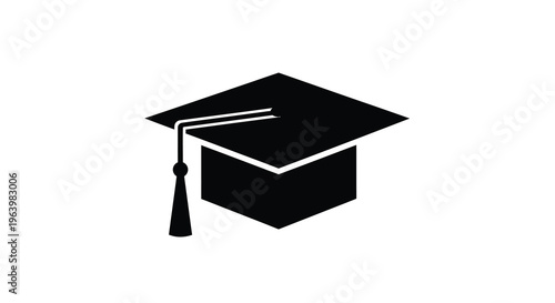 A simple black silhouette depicts a graduation cap symbolizing academic achievement and the completion of studies high quality professional detailed modern