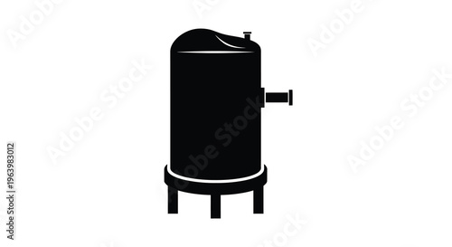 A stark black silhouette depicts a cylindrical tank with a protruding pipe and supporting legs isolated on white high quality professional