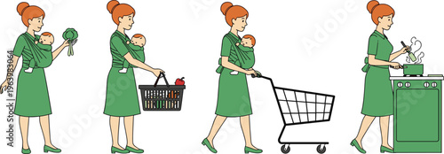 Mother Carrying Baby in Sling Wrap While Shopping and Cooking Vector Illustration Set for Parenting Blogs, Maternal Health, and Lifestyle Designs