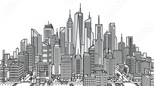 Black and white illustration skyscrapers city.