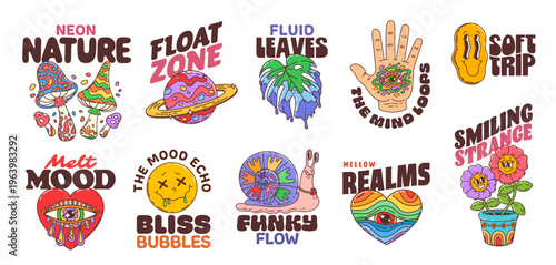 Cartoon y2k groovy stickers. Vector set of trippy, surreal patches of psychedelic mushrooms, floating planet, melting heart, rainbow snail, open palm and smiling flowers with retro hippie aesthetics