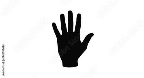 A stark silhouette of a human hand is displayed with an open palm and outstretched fingers against a white background