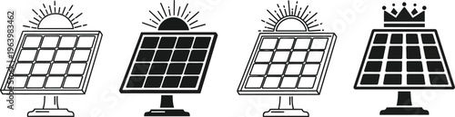 Four solar panels with varying grid patterns and sunburst designs