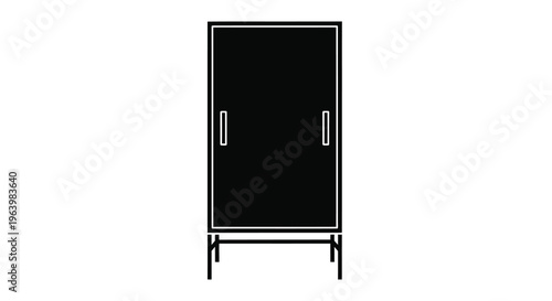 A minimalist black and white illustration depicts a tall rectangular wardrobe with two doors and handles high quality professional detailed modern