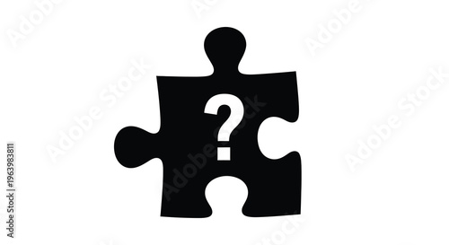 A stark black silhouette of a single puzzle piece prominently displays a white question mark within its form high quality professional