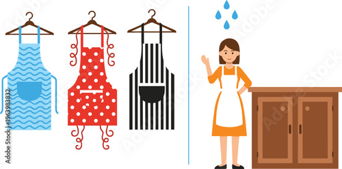 Set of Kitchen Apron Vectors with Patterned Designs and a Woman Character Wearing an Apron Near a Cabinet for Cooking and Baking Content
