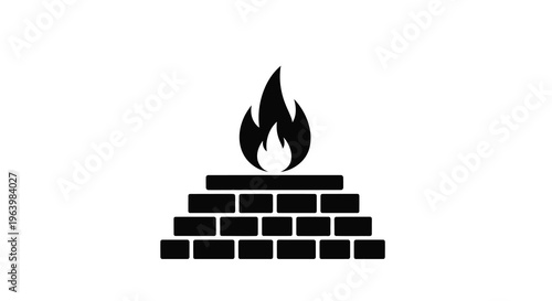 A stark black silhouette depicts a stylized funeral pyre constructed from bricks with flames rising high quality professional detailed modern elegant