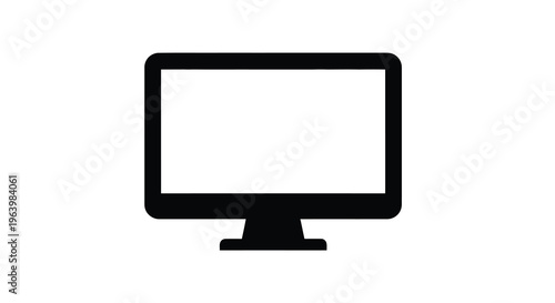 A simple black silhouette of a modern flat screen computer monitor displayed against a stark white background high quality professional detailed