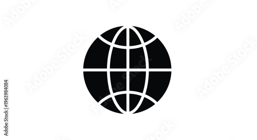 A simplified black and white graphic depicts a spherical globe with longitudinal and latitudinal lines representing earth high quality professional detailed