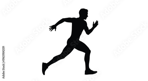 A stark silhouette of a man in mid stride dynamically running forward with outstretched arms and legs high quality professional detailed