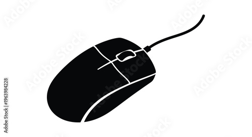 A minimalist black and white illustration depicts a computer mouse shown in a slightly angled perspective with a cable high quality