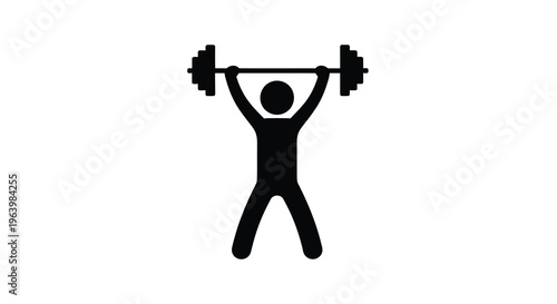 A simple black silhouette depicts a stick figure powerfully lifting a barbell overhead symbolizing strength high quality professional detailed modern elegant