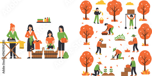 Autumn Harvest and Household Chores Vector Set Featuring Women Doing Laundry, Ironing, and People Harvesting Pumpkins in an Orange Fall Forest Landscape