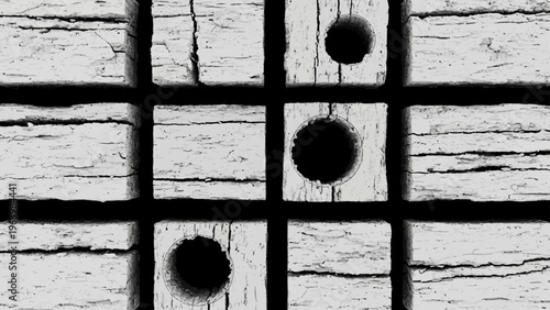 wooden blocks texture background with abstract geometric pattern of square blocks and circular holes forming a dark grid ideal for grunge design.