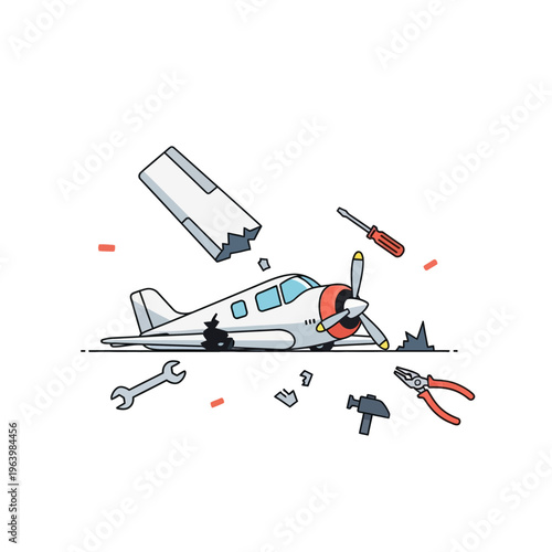 airplane crash damaged aircraft after an accident a broken small plane on the ground surrounded by repair tools.