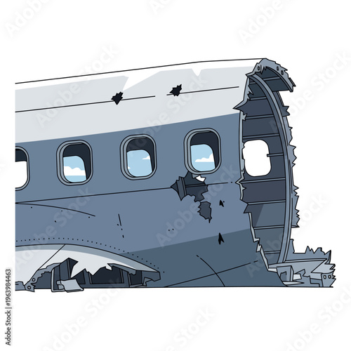 airplane crash wreckage a severely damaged fuselage depicting an aviation accident with broken windows and exposed structure.