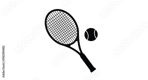 A minimalist depiction showcases a black tennis racket positioned diagonally with a tennis ball nearby high quality professional detailed modern elegant