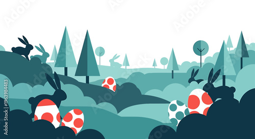 easter egg hunt illustration with cute easter bunnies searching for colorful polka dot eggs in a stylized spring forest landscape.