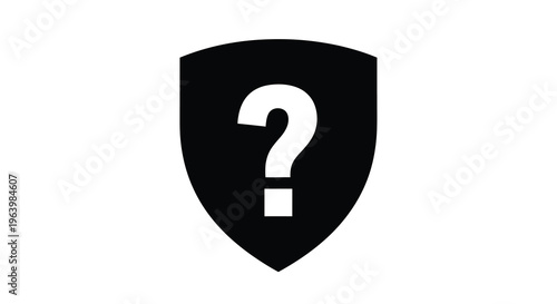 A stark black shield prominently displays a white question mark suggesting security concerns or unknown protection high quality professional detailed modern