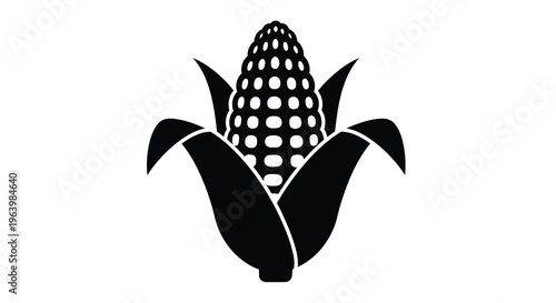 A striking black and white graphic depicts a single ear of corn with prominent husk leaves high quality professional detailed modern