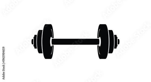 A minimalist black silhouette depicts a standard barbell weight commonly used for strength training and exercise high quality professional detailed modern