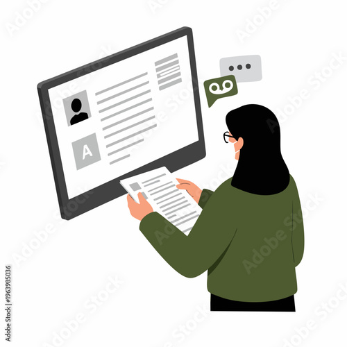 Isometric Woman Checking Job Application on Computer Screen Illustration