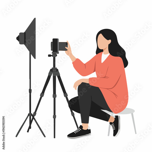 Flat Illustration of Female Photographer Adjusting Camera on Tripod in Studio