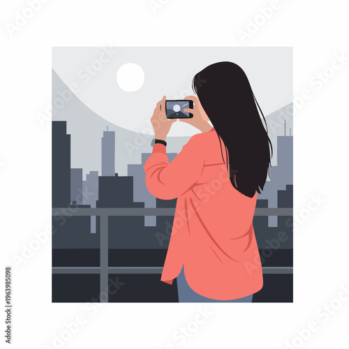 Flat Illustration Woman Taking Picture Cityscape with Smart Device Lifestyle