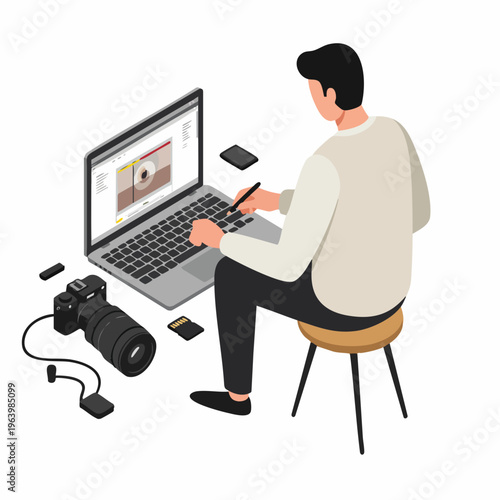 Isometric Professional Photographer Editing Image on Laptop at Studio Illustration