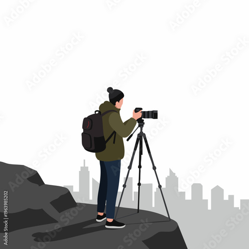 Flat Illustration Person Capturing Cityscape View with Professional Camera on Tripod