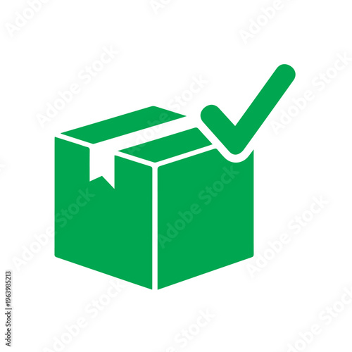 A green shipping box icon with a large checkmark overlay signifies successful delivery or order completion.