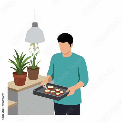 Flat Illustration of Man Holding Baking Tray with Cookies in Kitchen Interior