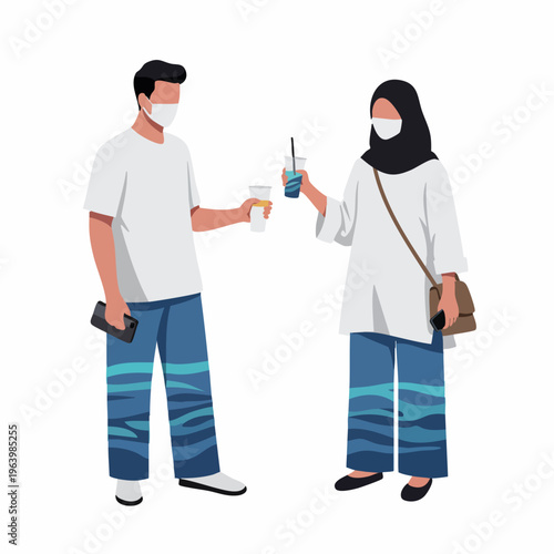 Flat Illustration Couple Social Distancing with Drinks Lifestyle