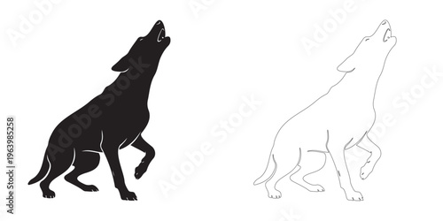 Howling dog silhouette and line art set. Vector vocalizing canine in solid black and outline style. Minimalist animal shapes for coloring pages, logo design, and vinyl cutting crafts.