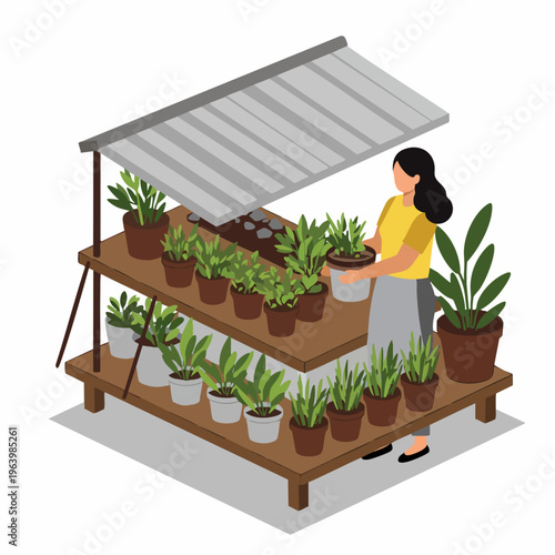 Isometric Illustration Woman Selling Potted Plant on Stall at Market