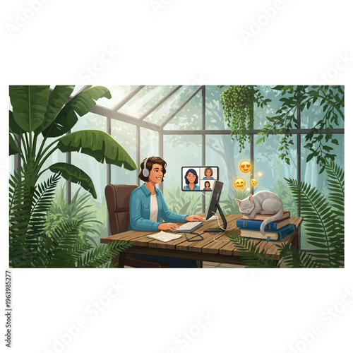 Woman wearing headphones participates in a video conference in a lush greenhouse, surrounded by plants, with a cat resting on books nearby, conveying remote work and nature. Vector art