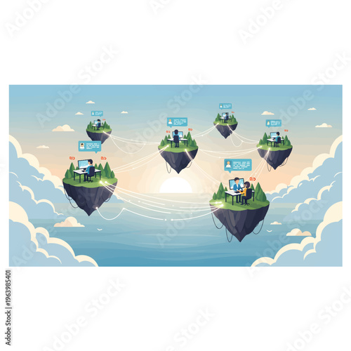 Whimsical flat design concept of connected floating islands in a dreamy sky, showcasing remote work, global network, and digital communication with small figures at computers. Vector art