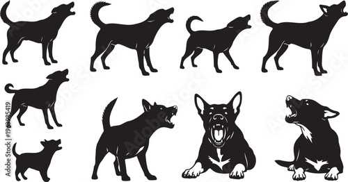Dog howling and barking silhouette set. Vector collection of German Shepherd, Husky, and stray dog silhouettes in vocal poses. Monoline black animal shapes for logo design and vinyl cutting.