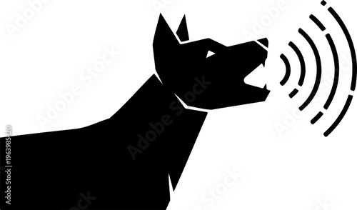 Barking dog silhouette with sound waves icon. Guard dog alert or ultrasonic barking deterrent concept. Security alarm signal and canine vocalization vector illustration for protection services.