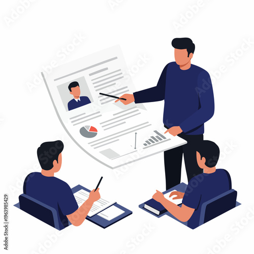 Flat Illustration of Business Man Presenting Curriculum Vitae to Team